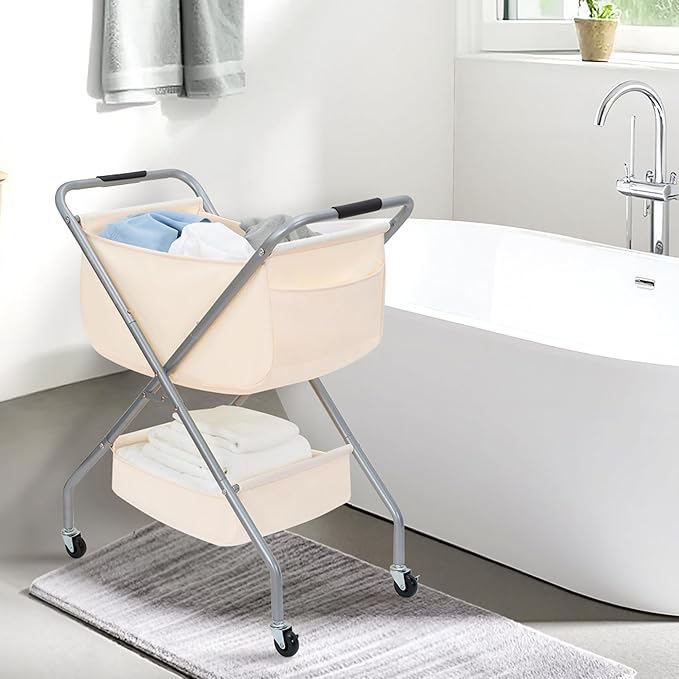 STORAGE MANIAC Collapsible Laundry Cart with Wheels 31.5"H Rolling Laundry Hamper Clothes Basket with Wheels, Canvas Liner Sturdy Steel Frame Folding for Small Narrow Space Easy Storage, Beige