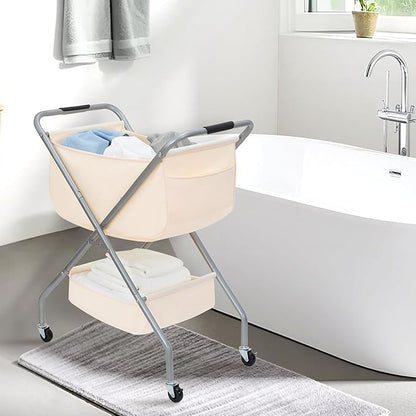 STORAGE MANIAC Collapsible Laundry Cart with Wheels 31.5"H Rolling Laundry Hamper Clothes Basket with Wheels, Canvas Liner Sturdy Steel Frame Folding for Small Narrow Space Easy Storage, Beige