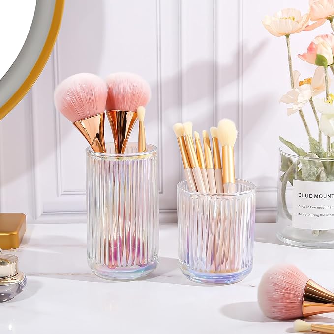 DASITON Makeup Brush Holder Organizer, Crystal Glass Makeup Brushes Storage Holder, Vintage Make Up Brush Cup for Vanity, Pen Pencil Holder for Desk, Toothbrush Holders for Bathroom (Colorful SL)