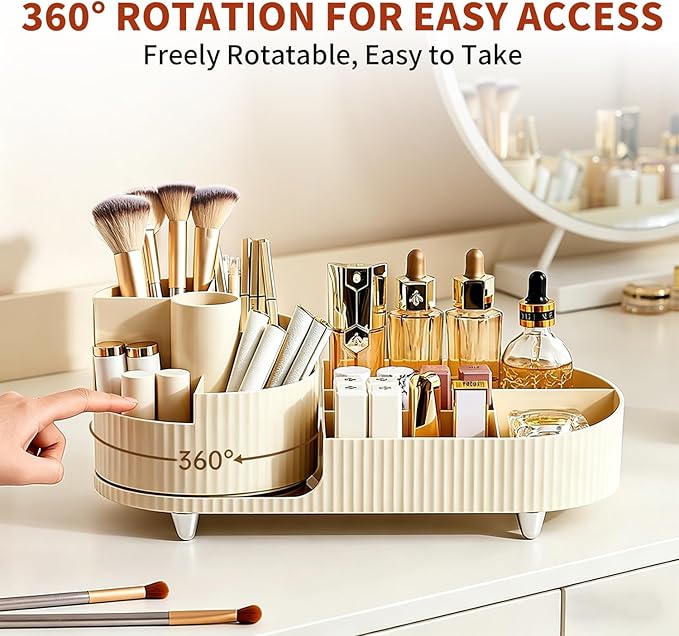 Makeup Organizer with 360° Rotating Brush Holder Cosmetic Storage for Cosmetics, Skincare, Perfume, Bathroom Vanity Desktop Organizer, Lotions Display Case (Cream)