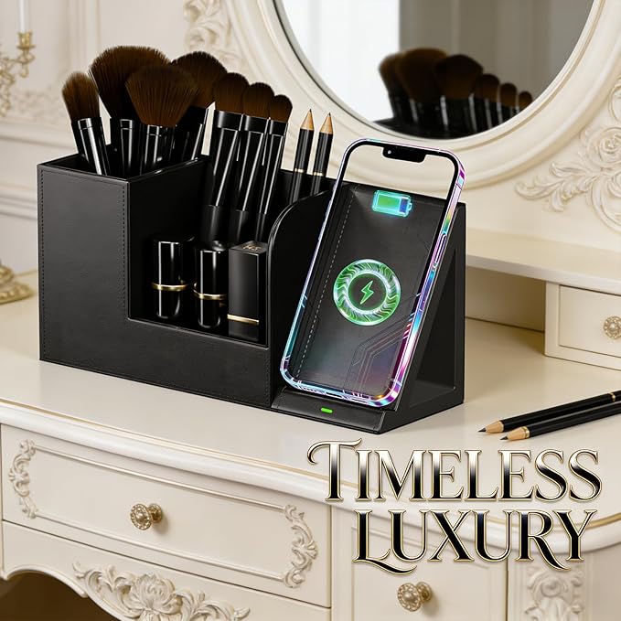 LADSTAG Makeup Brush Holder Organizer, Leather Makeup Brush Cup with Phone Charging Stand for Cosmetics, Nail Polish, Lipstick & Art Supplies Vanity Desktop Bathroom Organizer