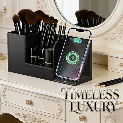 LADSTAG Makeup Brush Holder Organizer, Leather Makeup Brush Cup with Phone Charging Stand for Cosmetics, Nail Polish, Lipstick & Art Supplies Vanity Desktop Bathroom Organizer