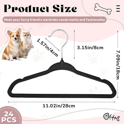 Weysat 24 Pcs Dog Clothes Hangers 11'' Non-Slip & 360° Swivel Velvet Small Pet Black Hangers for Cats/Dogs with Rustproof Metal Hooks, Space-Saving for Home Storage & Grooming Salons Minimalism