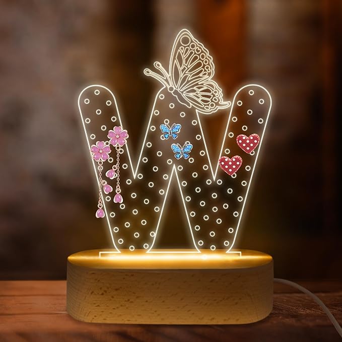 COSHAYSOO Earring Holder Organizer for Women Teen Girls with Butterfly Decorations LED Night Light USB Plug In, Initial Letter Earring Rack Vanity Dresser Dressing Table Bedroom Room Decor Letter W