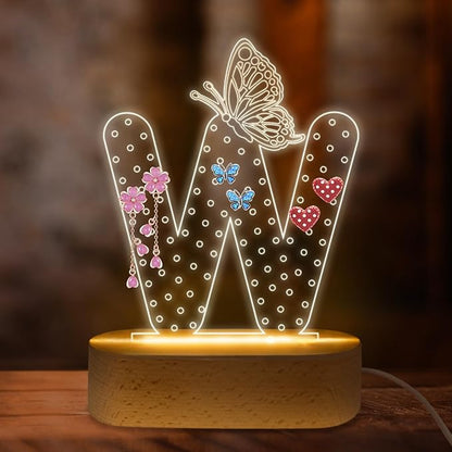 COSHAYSOO Earring Holder Organizer for Women Teen Girls with Butterfly Decorations LED Night Light USB Plug In, Initial Letter Earring Rack Vanity Dresser Dressing Table Bedroom Room Decor Letter W