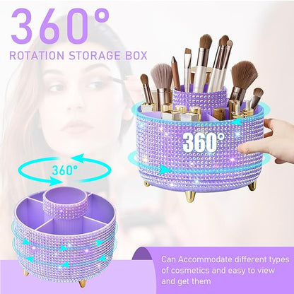Diesisa Bling Diamond 360° Makeup Brush Holder Organizer, Rotating Makeup Brush Organizer,5 Slot Make up Brushes Cup for Cosmetics, Vanity Desktop Organizer, Gift for Women Teen Girls- Diamond Purple