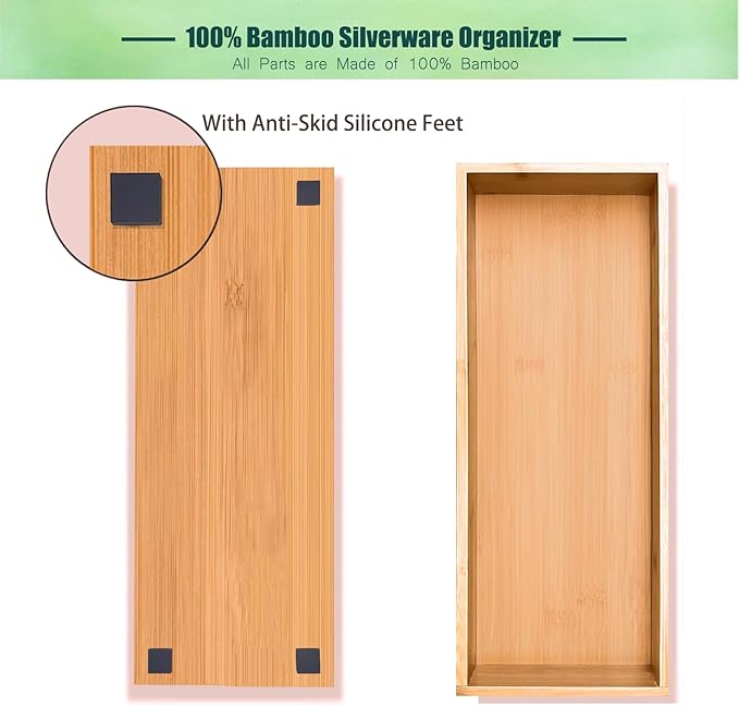 guiogc Set of 2 Bamboo Drawer Organizer, Stackable Utensil Organizer for Kitchen, Bamboo Storage Box Wood Silverware Tray for Drawer