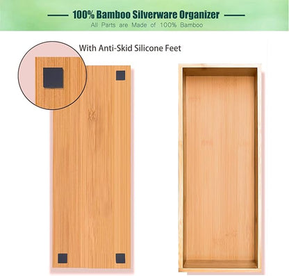 guiogc Set of 2 Bamboo Drawer Organizer, Stackable Utensil Organizer for Kitchen, Bamboo Storage Box Wood Silverware Tray for Drawer