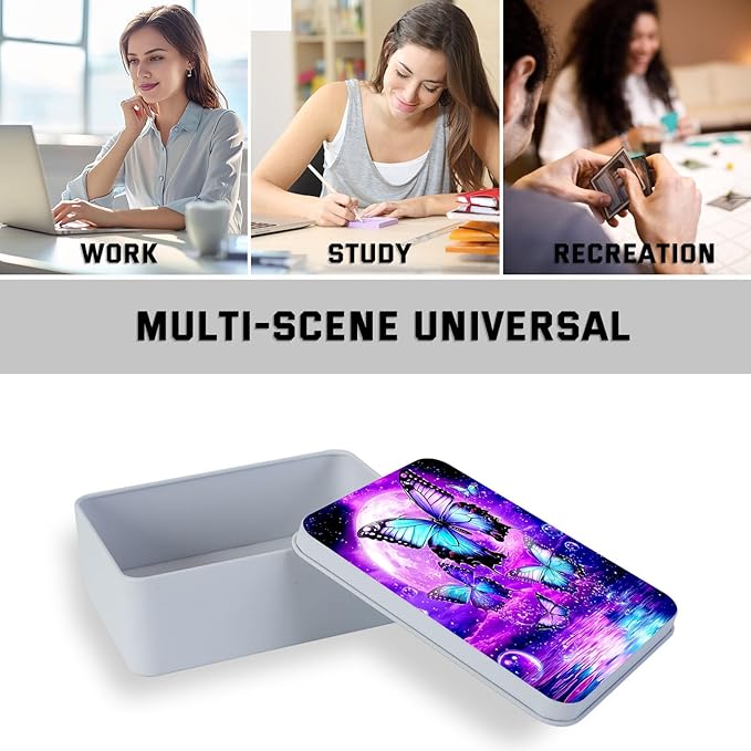 Metal Tin Box with Lid for Game Cards Home Organizer Candles Keys Crafts Storage - Equipped with 4 Magnetic Cord Clips，Purple Moon Blue Butterfly