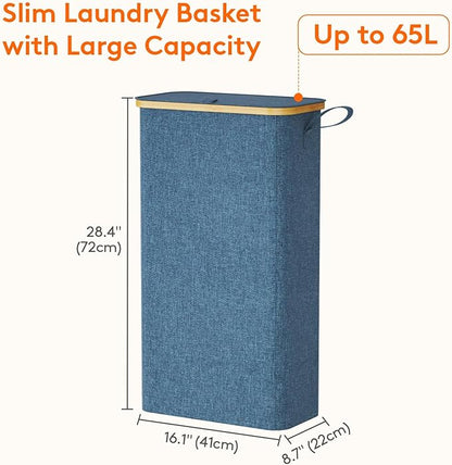 Lifewit 65L Slim Laundry Hamper with Lid, Narrow Laundry Basket with Removable Bag & Bamboo Handles, Fodable Thin Dirty Clothes Hamper for Laundry Collapsible Bin for Bathroom Bedroom Dorm, Dark Blue