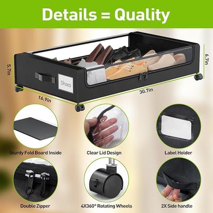 APSARAS USA Under Bed Storage with Wheels, Underbed Storage with Wheels and Clear Window, Rolling Drawers & Bins for Shoes Clothes in Dorm Bedroom, Easy Pull-out Black 2-Pack- Space-Saving