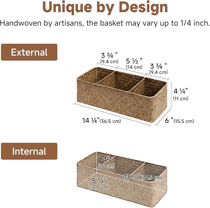 StorageWorks Toilet Paper Baskets for Shelves, 3-Section Wicker Baskets Storage, Back of Toilet Basket for Tank Topper, Counter, Pantry, Living Room Decor, 2 Pack Seagrass Basket