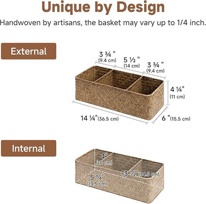 StorageWorks Toilet Paper Baskets for Shelves, 3-Section Wicker Baskets Storage, Back of Toilet Basket for Tank Topper, Counter, Pantry, Living Room Decor, 2 Pack Seagrass Basket