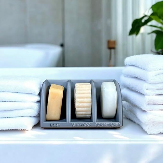 Shampoo Bar Holder for Shower, 3-Slot Soap & Conditioner Organizer with Drainage - Keeps Bars Dry & Lasts Longer - Modern Bathroom Organizer by Essence & Abode (Dark Gray)