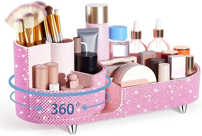 Teen Girls Mother's Day 360 Rotating Bling Makeup Organizer Gift Rhinestone Diamond Bathroom Organizer Girly Skin Care Brush Holder for Countertop, Bathroom Essentials(Pink,Pearl)