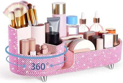Teen Girls Mother's Day 360 Rotating Bling Makeup Organizer Gift Rhinestone Diamond Bathroom Organizer Girly Skin Care Brush Holder for Countertop, Bathroom Essentials(Pink,Pearl)