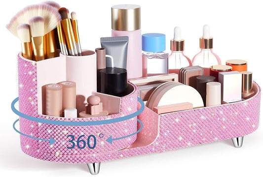 Teen Girls Mother's Day 360 Rotating Bling Makeup Organizer Gift Rhinestone Diamond Bathroom Organizer Girly Skin Care Brush Holder for Countertop, Bathroom Essentials(Pink,Pearl)