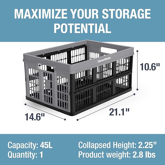 CleverMade Collapsible Utility Crates, Ocean, 3 Pack, 45L/11 Gal, 66 lbs Capacity, Stackable Containers, Heavy Duty, Space-Saving Baskets,Polypropylene (PP)