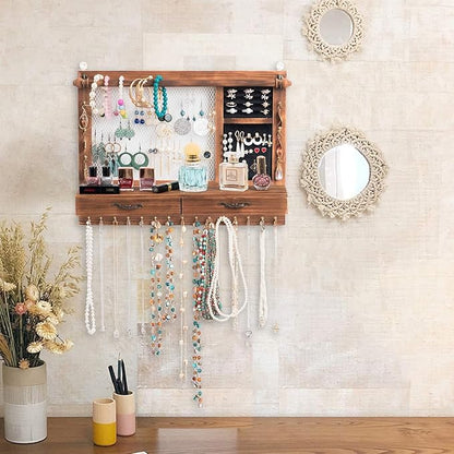 Jewelry Wall Organizer Wall Mounted, Jewelry Hanger Display Rack Earring with Drawers, for Earring/Stud/Ring/Necklace/Bracelets Accessories Bangles Holder Girls Gift (brown)