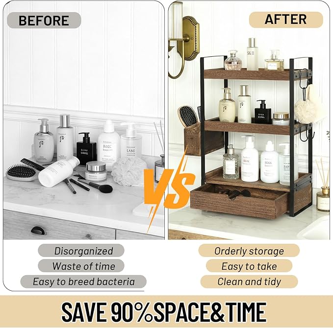 3-Tier Bathroom Counter Organizer with Drawer Basket and Hooks, Wood Bathroom Organizers and Storage for Countertop, Farmhouse Dark Brown Countertop Organizer, Counter Shelf for Vanity, Kitchen,Office