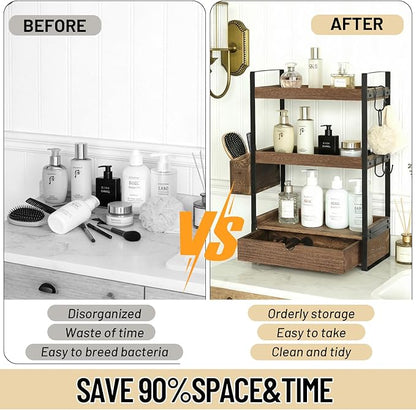 3-Tier Bathroom Counter Organizer with Drawer Basket and Hooks, Wood Bathroom Organizers and Storage for Countertop, Farmhouse Dark Brown Countertop Organizer, Counter Shelf for Vanity, Kitchen,Office