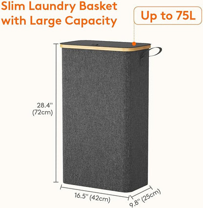 Lifewit 75L Slim Laundry Hamper with Lid, Narrow Laundry Basket with Removable Bag & Bamboo Handles, Fodable Thin Dirty Clothes Hamper for Laundry Collapsible Bin for Bathroom Bedroom Dorm, Dark Gray