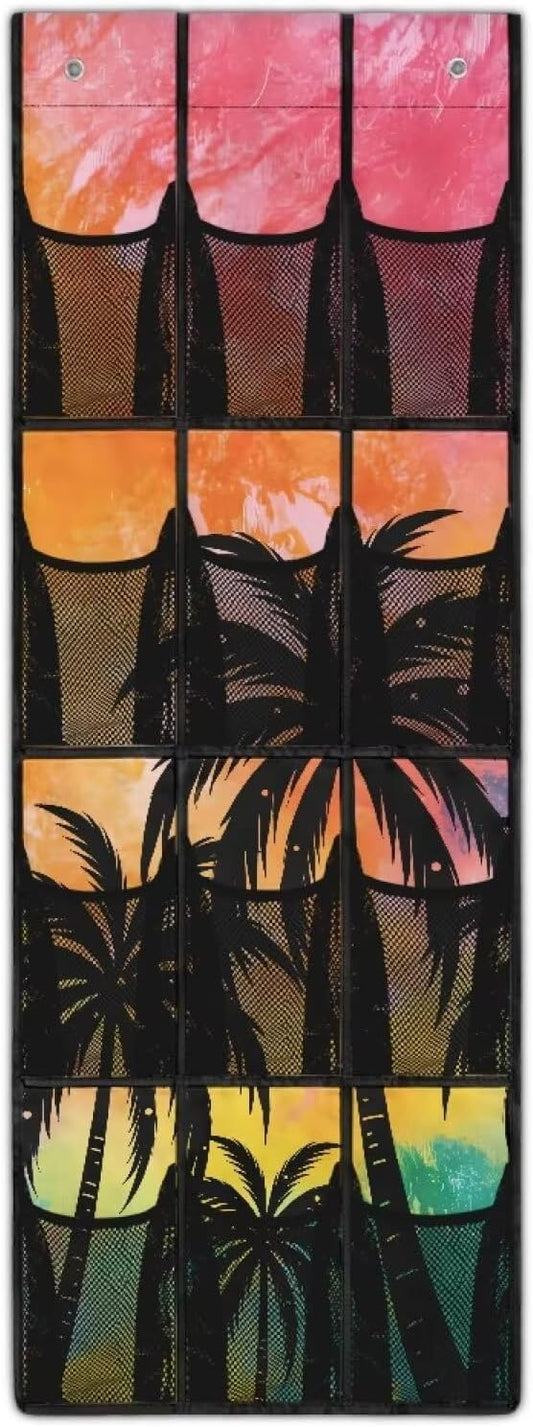 Coconut Trees Hanging Storage Bags,Shoe Organizer Door Hanger with 12 Mesh Large Pockets,Space Saver Hanging Shoe Storage Hanging Bag