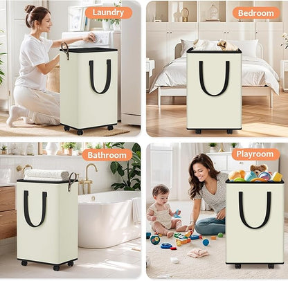 SpaceTrove Laundry Basket with Wheels, Collapsible Laundry Baskets, Laundry Hamper with Handles Detachable Wheels, Rolling Laundry Basket, Dirty Clothes Hamper for Bathroom, Dorm, Bedroom, Cream, 100L
