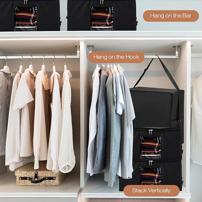 Wonderjune 2 Pcs Hat Storage Box Upgrade Stackable Organizer with Lids Cowboy Hat Box Large Square Bag Foldable Closet Sheet Organizer Travel Container for Men Women(Black)