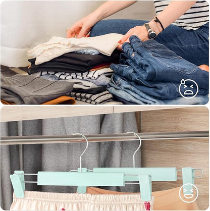 GUANJUNE Clothes Pants Hangers, Space-Saving Skirt Holders with 360 ° Swivel Hooks, Adjustable Clips, Trouser Hangers, Clothes Coat Garment Jeans Hangers (20 Pack, Green)