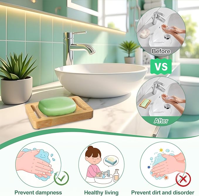 2 Pack Wooden Soap Holder Bamboo Soap Dish for Shower with Self Draining Tray Natural Bar Soap Holder and Soap Saver for Bathroom Kitchen Sink