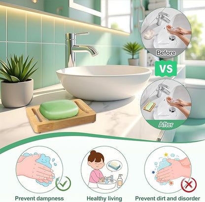 2 Pack Wooden Soap Holder Bamboo Soap Dish for Shower with Self Draining Tray Natural Bar Soap Holder and Soap Saver for Bathroom Kitchen Sink