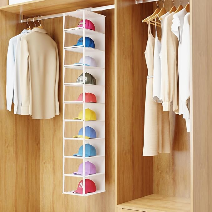 KEEGH Hat Rack with Dust Cover All-round Protect 10 Shelf Hat Storage Hat Organizer for Baseball Caps, Visible Baseball Cap Organizer Hat Holder for Closet, Clear/White