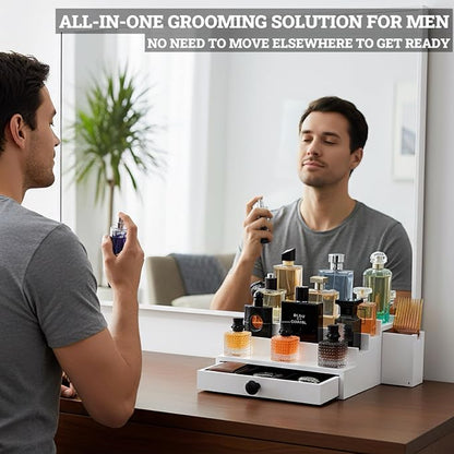 Wooden Cologne Organizer for Men 4 Tier | White Perfume Holder Shelf for Dresser | High Grade Velvet Lining and Stylish Gift Box | Uncluttered Design Perfume Display Stand