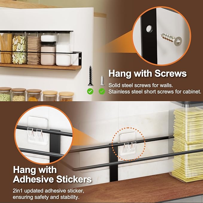 Spice Rack Self-Adhesive or drilling, Rustic Style Hanging Spice Rack, Spice Organization for Cabinet Door or Wall Mount, Over The Stove, Kitchen Wall, 6-Pack