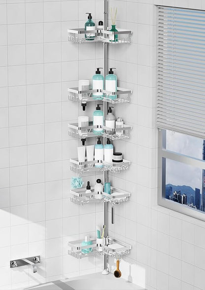KEGII Corner Shower Caddy Tension Pole, Adjustable Shower Tension Rod Organizer, Floor to Ceiling Shower Caddy 25-114.2 inch, Silver