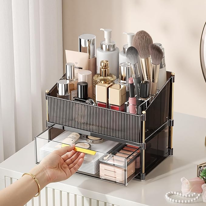 INVSSENE Stackable Makeup Organizer Countertop, Storage Perfume Skincare Cosmetic Lipstick Face Mask Makeup Brush Holder Palettes, Ideal for Vanity Bathroom Counter