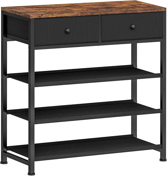usikey Shoe Rack, 4 Tier Shoe Storage Organizer with 2 Drawers, Metal Shoe Shelf for 9-12 Pairs of Shoes, with 3 Oxford Fabric Shelves and Wooden Top, Shoe Stand for Closet Entryway, Black UNYXJX012H