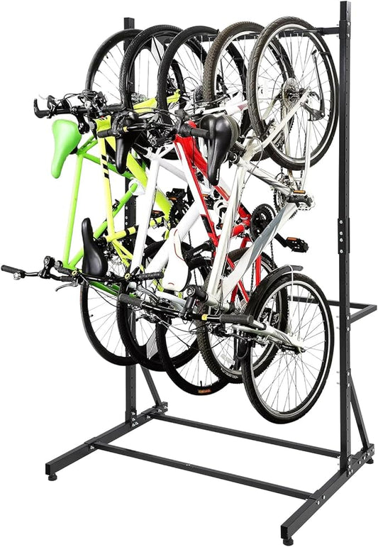 Freestanding Bike Rack for 5 Bicycles, Heavy Duty Vertical Bike Storage Stand with Adjustable Height, 300 Lbs Capacity, Steel Organizer with Non-Slip Hooks, Easy Assembly for Garage, Apartment, Indoor