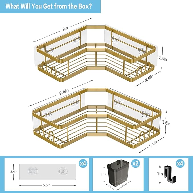 AKTECKE Corner Shower Caddy Organizer Shelf: 2Pack Adhesive Shower Rack, No Drilling Stainless Steel Shower Storage Shelves for Bathroom Kitchen (Gold)