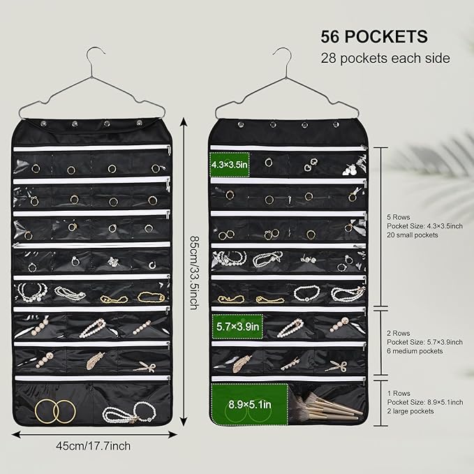 Hanging Jewelry Organizer Storage Roll 56 Zippered Pockets with Detachable Hanger Double-Sided Foldable, Travel Jewelry Holder for Earrings, Rings, Bracelets, Hanging on Closet, Wall, Door, Black