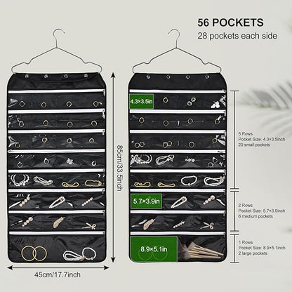 Hanging Jewelry Organizer Storage Roll 56 Zippered Pockets with Detachable Hanger Double-Sided Foldable, Travel Jewelry Holder for Earrings, Rings, Bracelets, Hanging on Closet, Wall, Door, Black