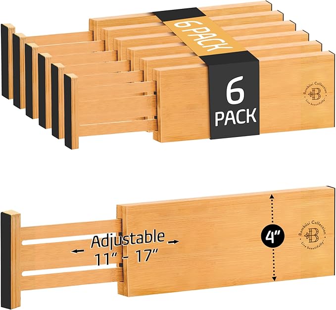 6-Pack Drawer Dividers - 4 Inches High, Adjustable 11 to 17 Inches Bamboo Drawer Organizers, Large Deep Expandable Separators for Clothes, Dresser, Bedroom, Bathroom, Baby, Office, Kitchen Utensils