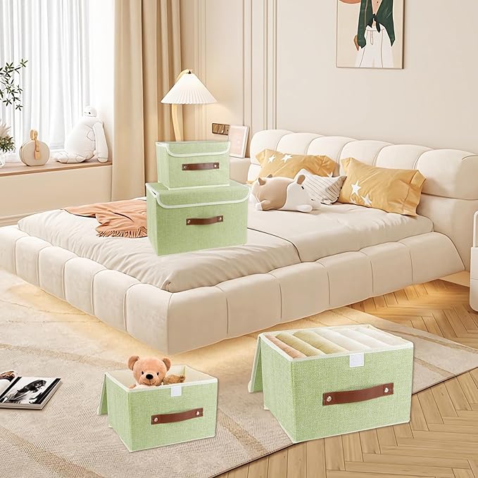 Large Storage Bin with Lid Storage Boxes,Collapsible Linen Storage Basket Container with Lid Storage Cube for Organizing Closets,3 Pack(Green)