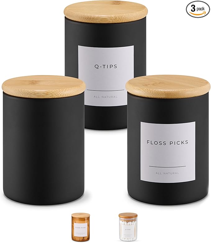 Vase and Vessel Mini Glass Apothecary Jars with Bamboo Lids, Small Bathroom and Kitchen Storage Containers, For Cotton Balls, Pads and Swabs, 10 oz, Set of 3 (Matte Black)