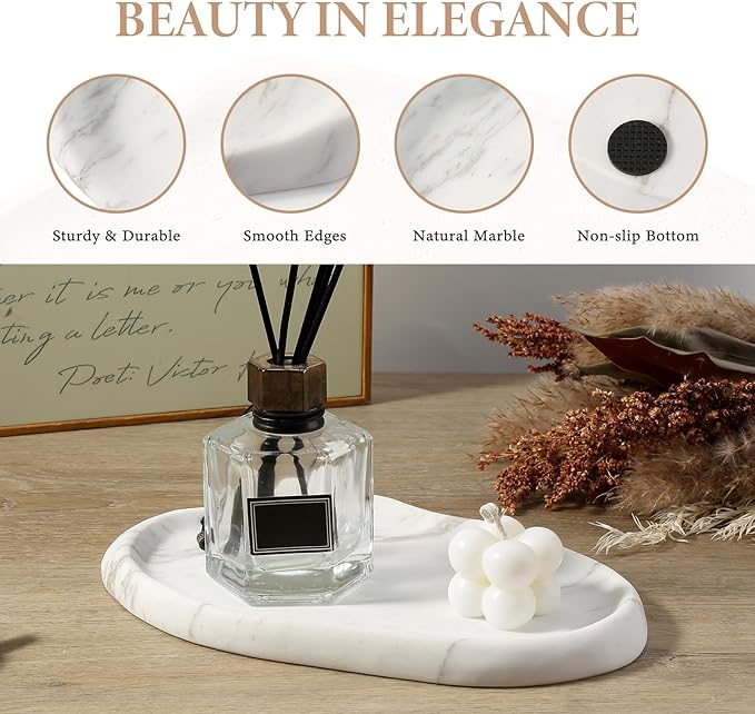 Koville Luxurious Natural Marble Vanity Tray for Home Decor, Cloud Shape Serving Stone Key Tray, 10" x 7" Marble Storage Trays for Bathroom, Stone Plate for Perfume, Candle and Jewelry（Bianco Carrara）