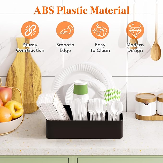 Lifewit Paper Plate Organizer for Kitchen Countertop, Plastic Silverware Caddy for Party, Utensil Holder with 7 Compartment, Cutlery Flatware Dispenser Box for Cup Spoon Fork Napkin, Black, 29 -31cm