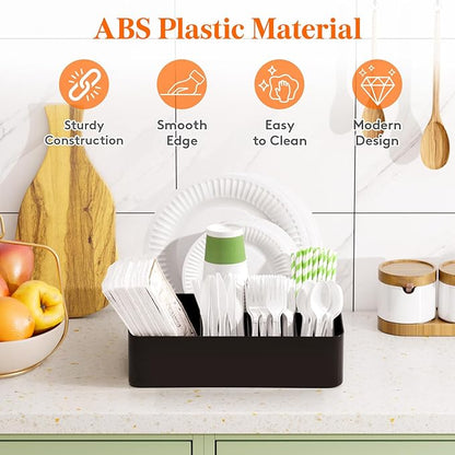 Lifewit Paper Plate Organizer for Kitchen Countertop, Plastic Silverware Caddy for Party, Utensil Holder with 7 Compartment, Cutlery Flatware Dispenser Box for Cup Spoon Fork Napkin, Black, 29 -31cm