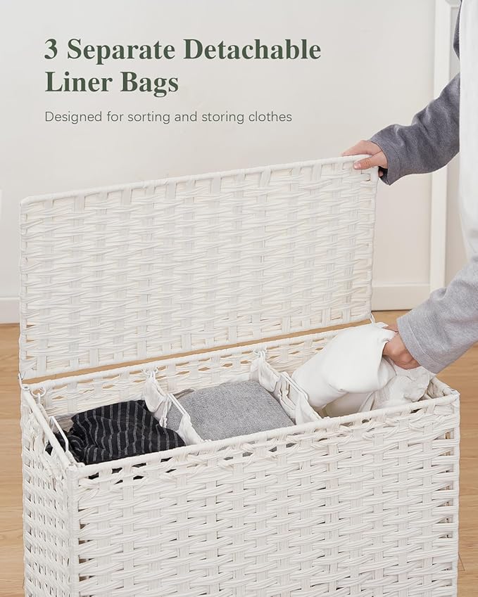 SETVSON Laundry Hamper with Lid 132 L, (35 Gallons) Clothes Hamper with Lid, Handwoven Rattan Laundry Hamper with Metal Heightened Feet, Laundry Hampers with 3 Removable Liner Bags for Laundry-White