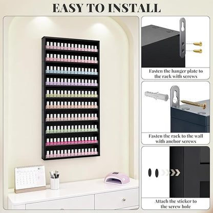 10-Tier Nail Polish Rack,Wall Mount Nail Polish Organizer w/Acrylic Baffle, 42*12 inch Salon Display Shelf for Home Spa & Nail Studio,Perfect for Lipstick,Perfume,Holds 120 Bottles(Black, L)